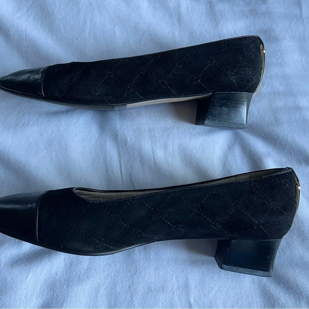 VTG Bally Black Suede Smooth Leather Combo Campanula Cap toe Pump Low Heel Sz 37 - Picture 9 of 13